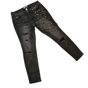 Grunge Ripped Knee Distressed Jeans Black Size 10 Edgy Glam Pearl Embellished